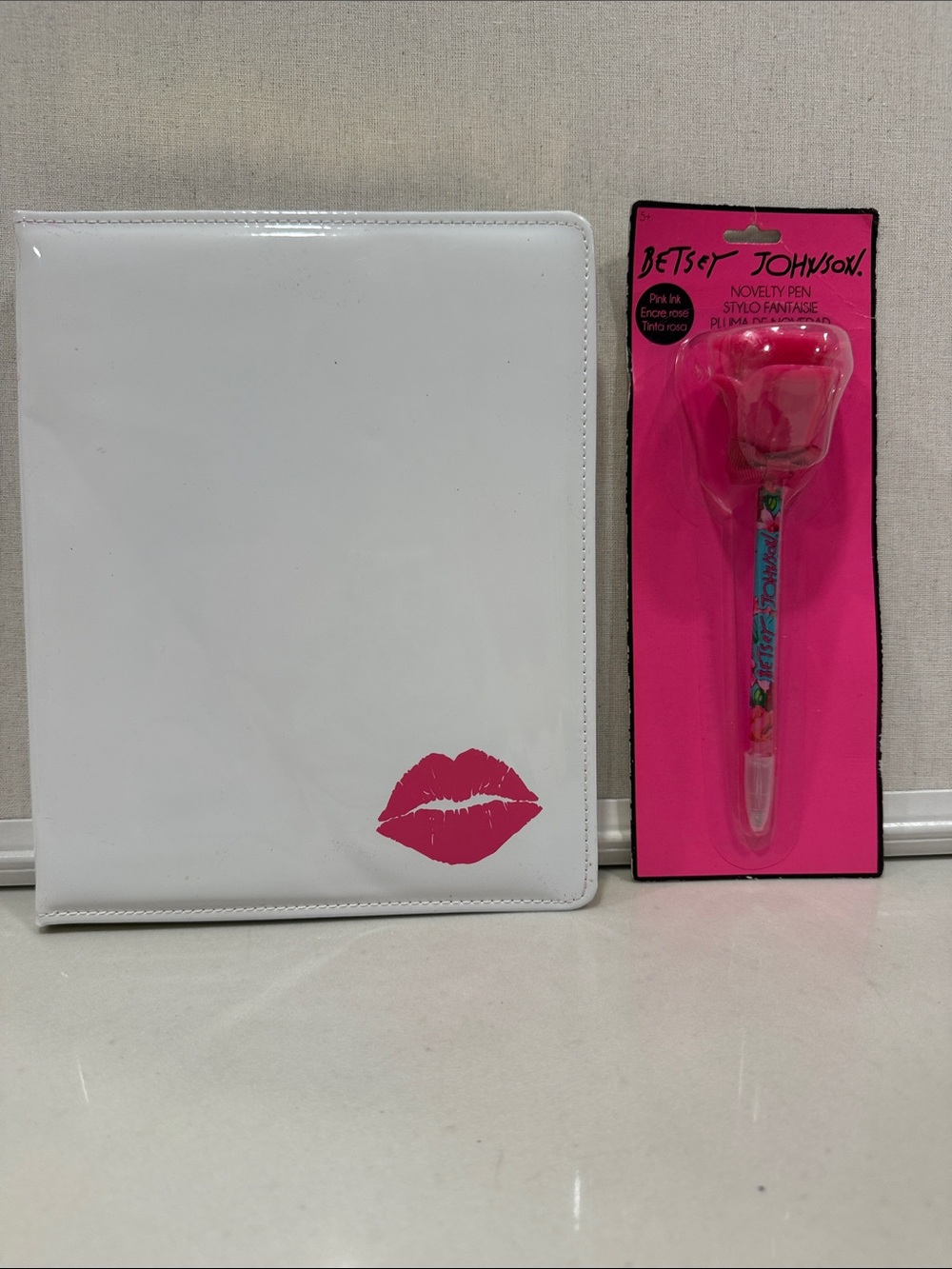 Betsey Johnson White Notebook with Hot Pink Kiss and Rose Pen Set